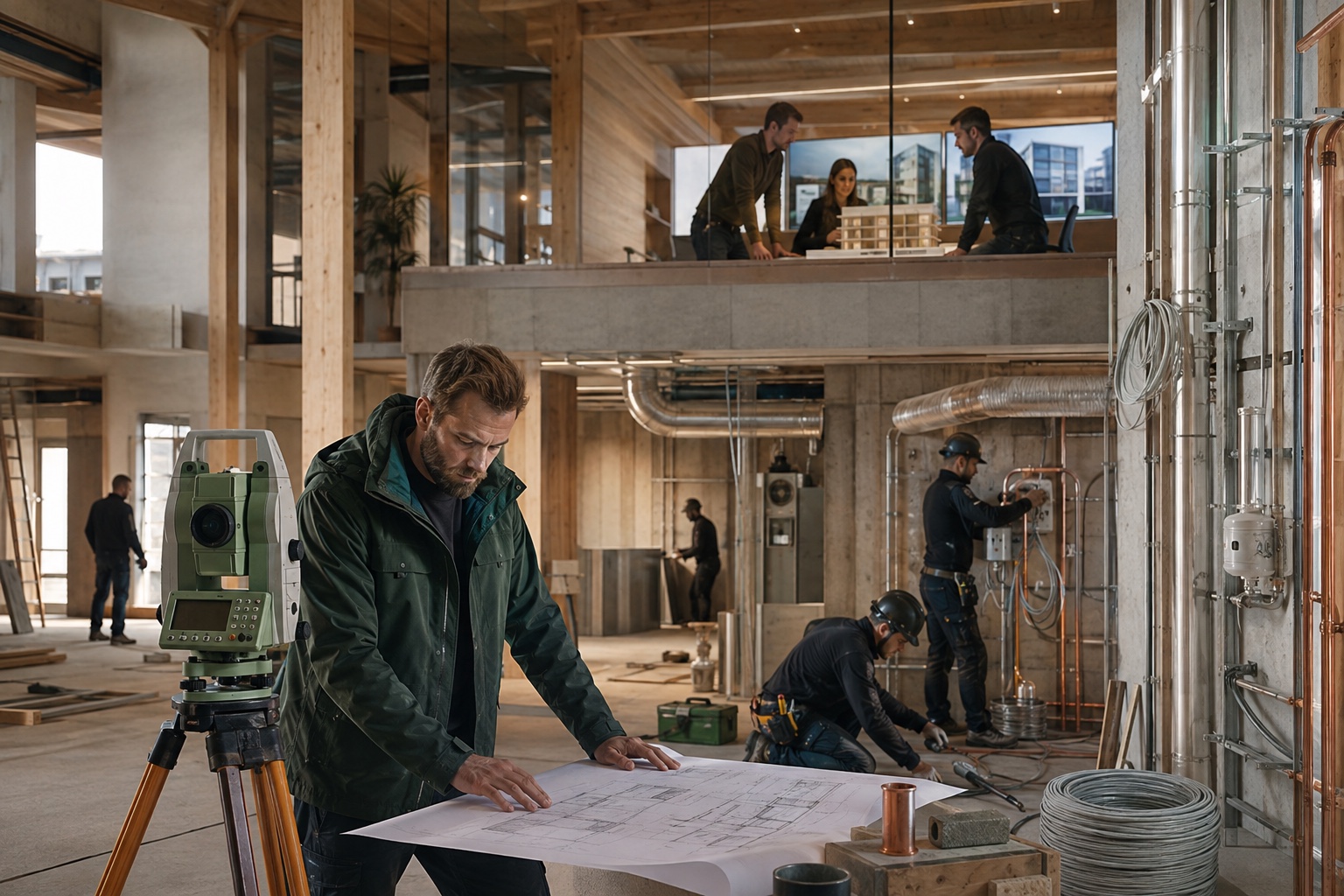Entreprenör, installatörer och teknikkonsulter arbetar i samma moderna byggprojekt.