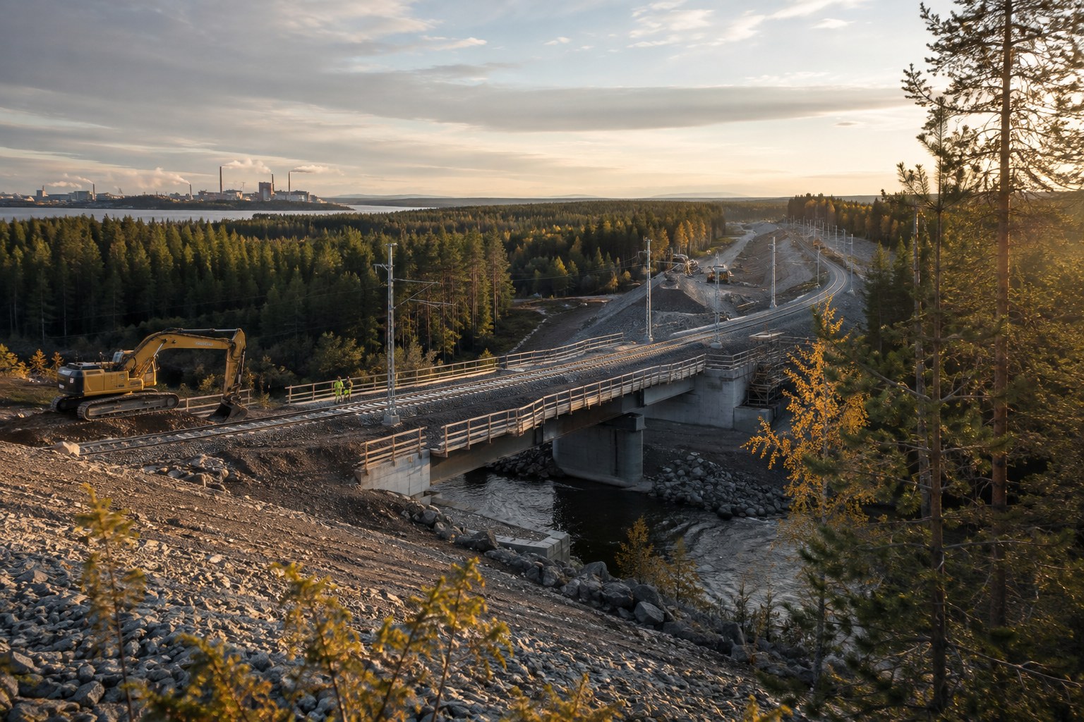 Ny elektrifierad järnväg och bro byggs genom norrländsk skog med industri i bakgrunden.