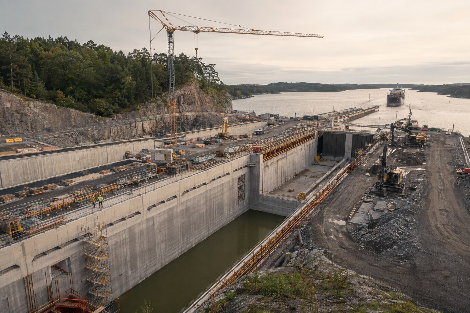 Stor modern kanalsluss under byggnation med betongarbeten, kran och arbetsmaskiner.