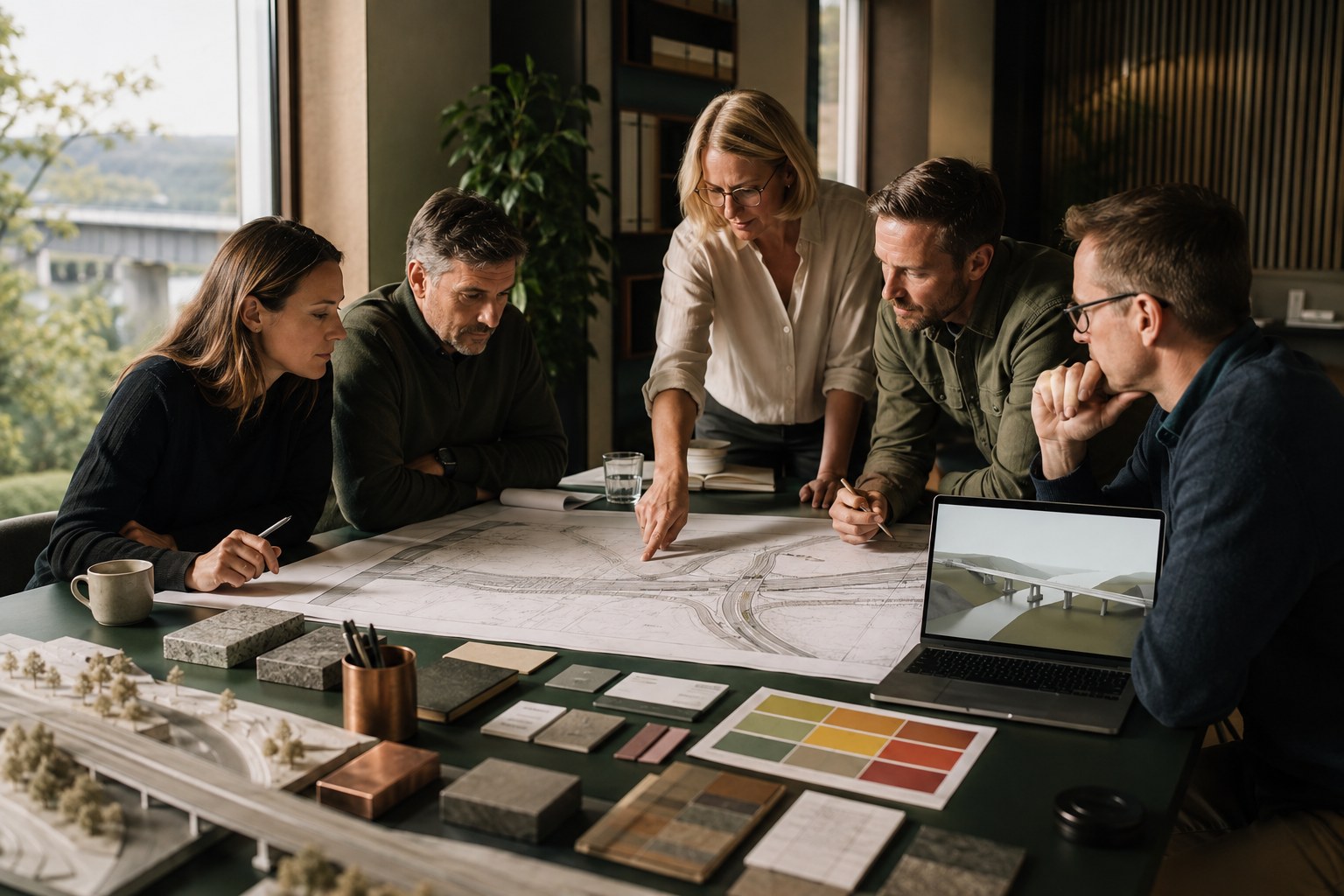 Nordiskt projektteam som samordnar ritningar, modell, material och risker inför ett infrastrukturanbud.