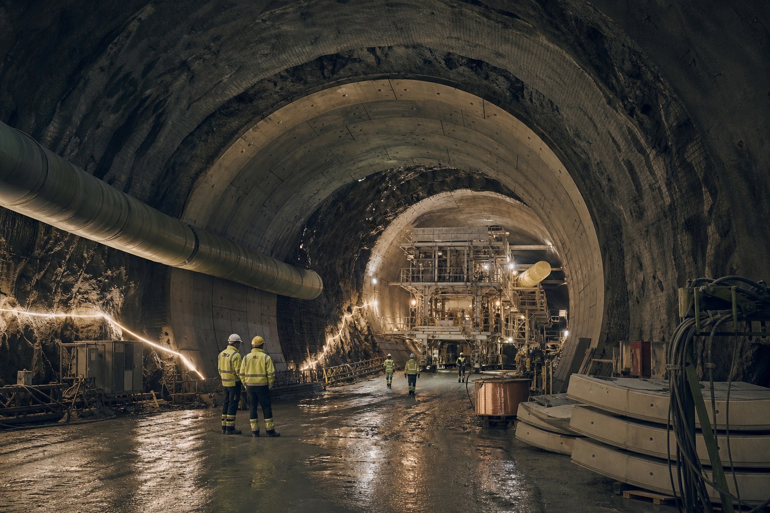 Stor nordisk tunneldrivning med ordnad arbetsplats, tunnelinklädnad och ingenjörer i säkerhetsutrustning.