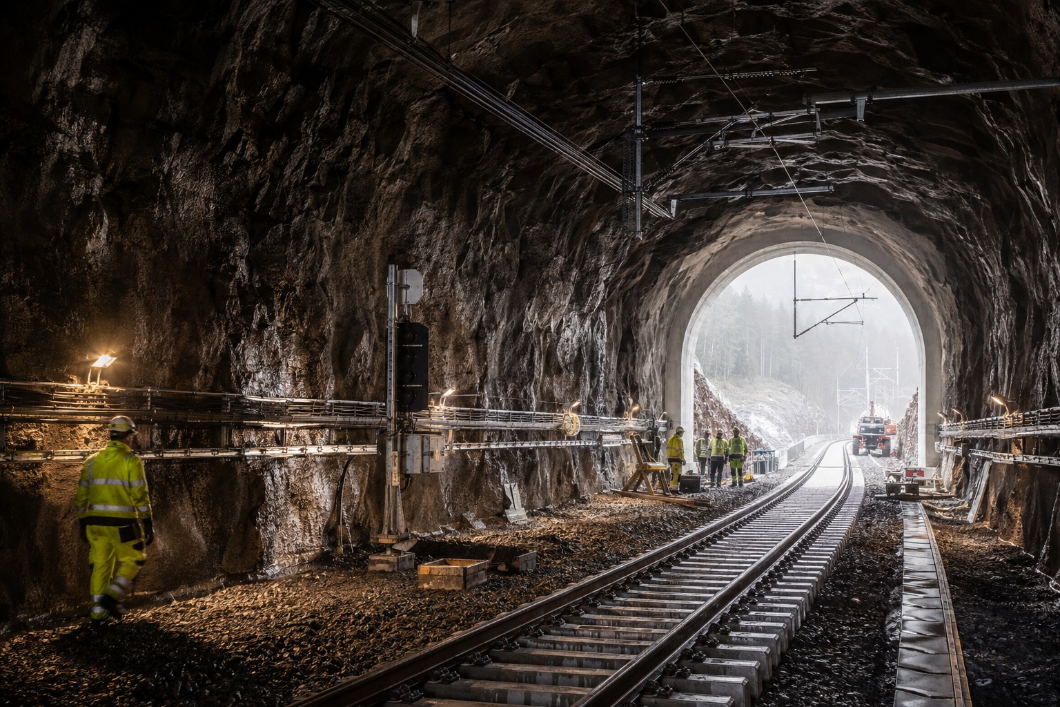 Installation av spår, elkraft, signal och kablar i en ny enkelspårig järnvägstunnel.
