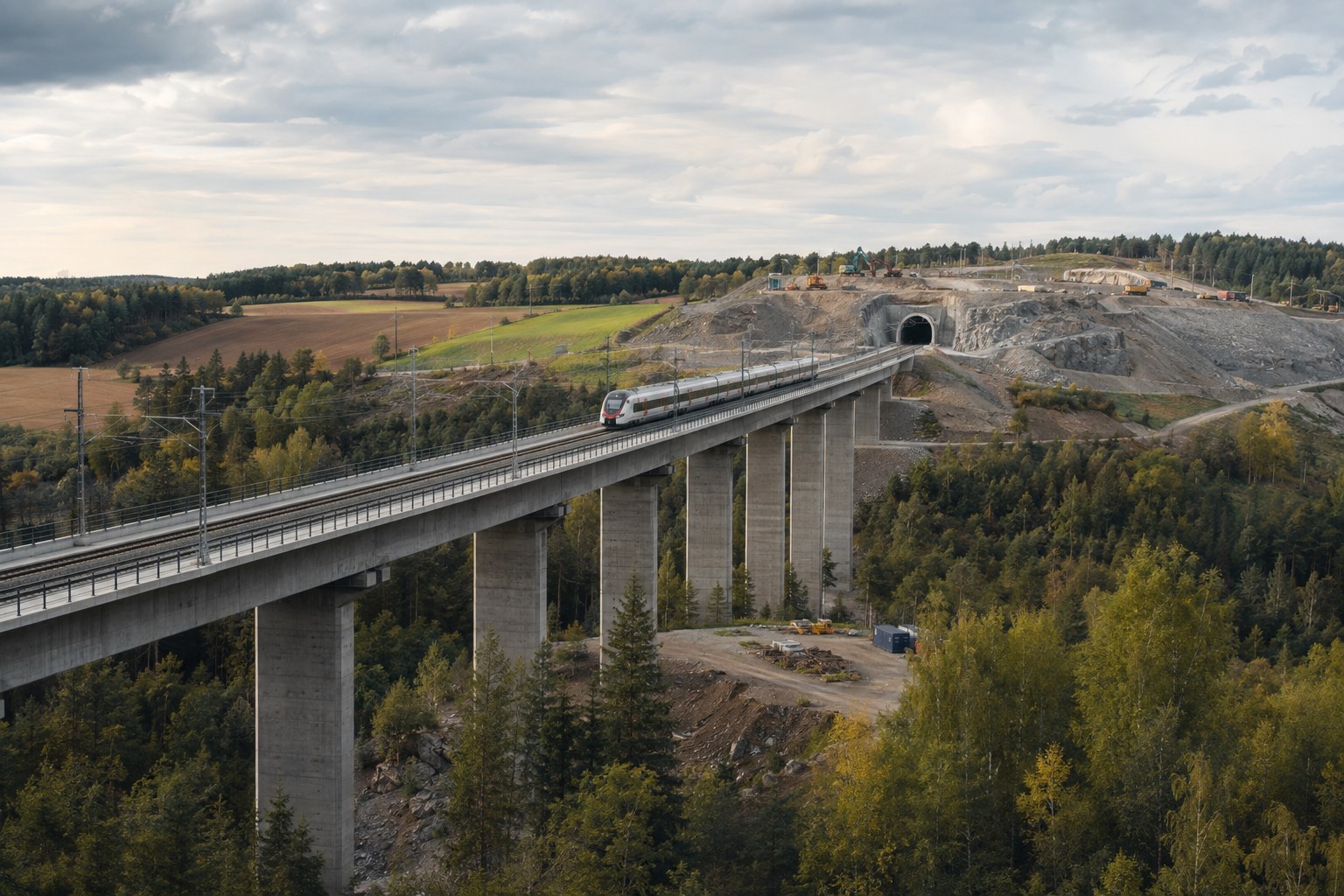 Ny dubbelspårig järnväg passerar en lång bro och fortsätter mot en tunnel genom det svenska landskapet.