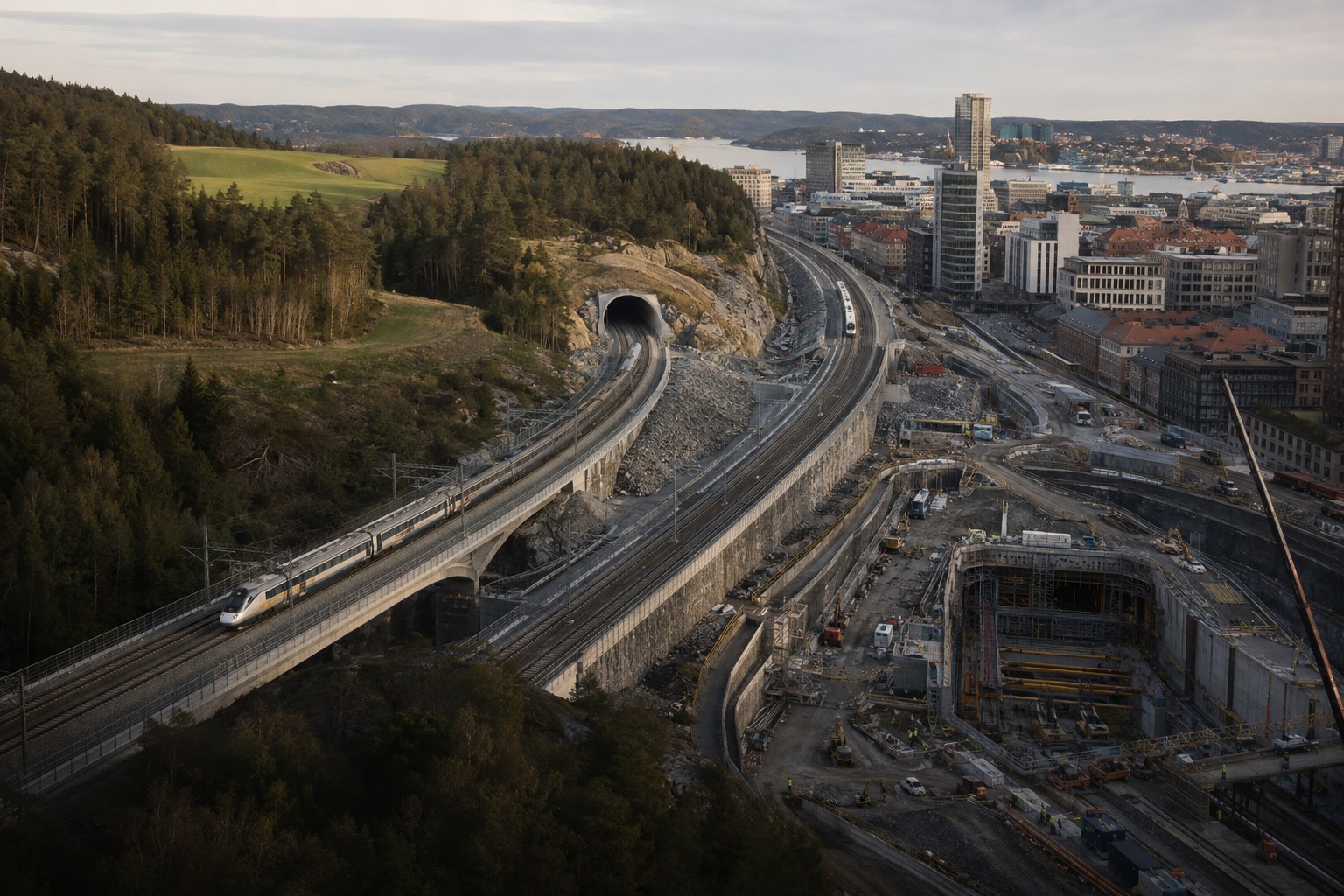 Ny järnväg genom skogslandskap möter ett omfattande järnvägsbygge i en tät svensk stad.