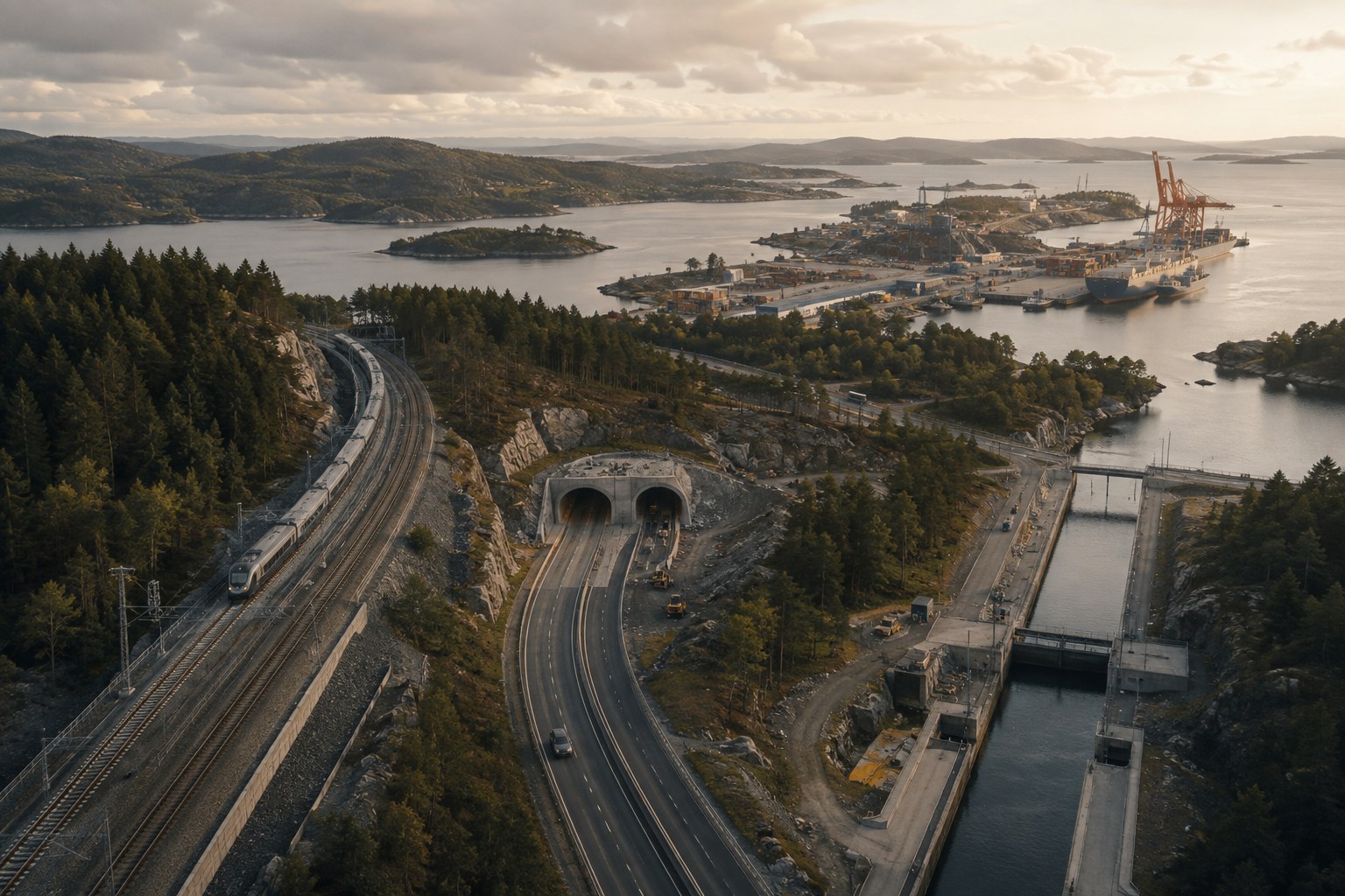Svenskt infrastrukturlandskap med järnväg, vägtunnel, hamn och kanalsluss.