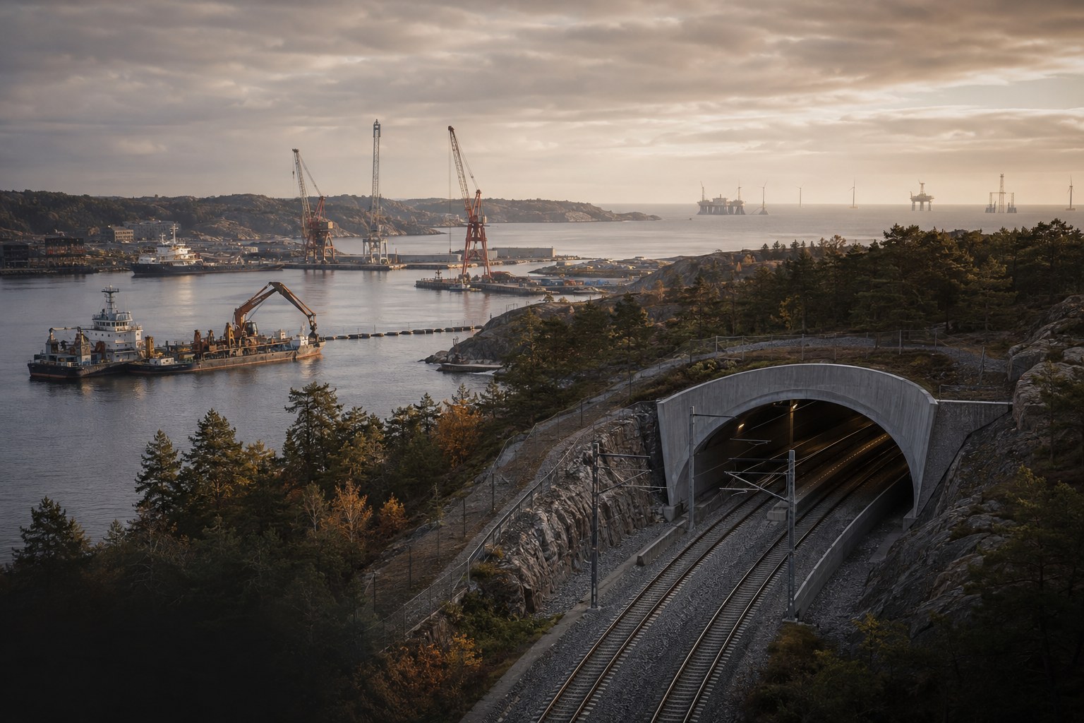 Nordiskt infrastrukturlandskap med järnvägstunnel, hamn, muddringsarbete och havsbaserad energi.