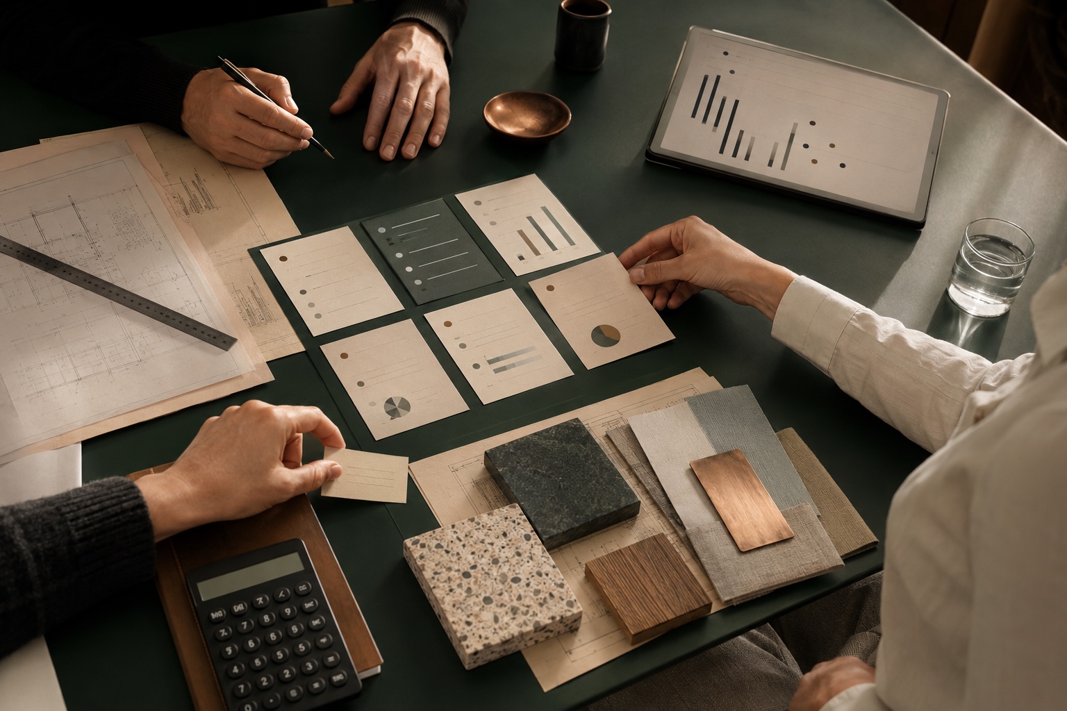 Projektteam jämför neutral bolagsdata, ritningar och materialprover på ett mörkgrönt bord.