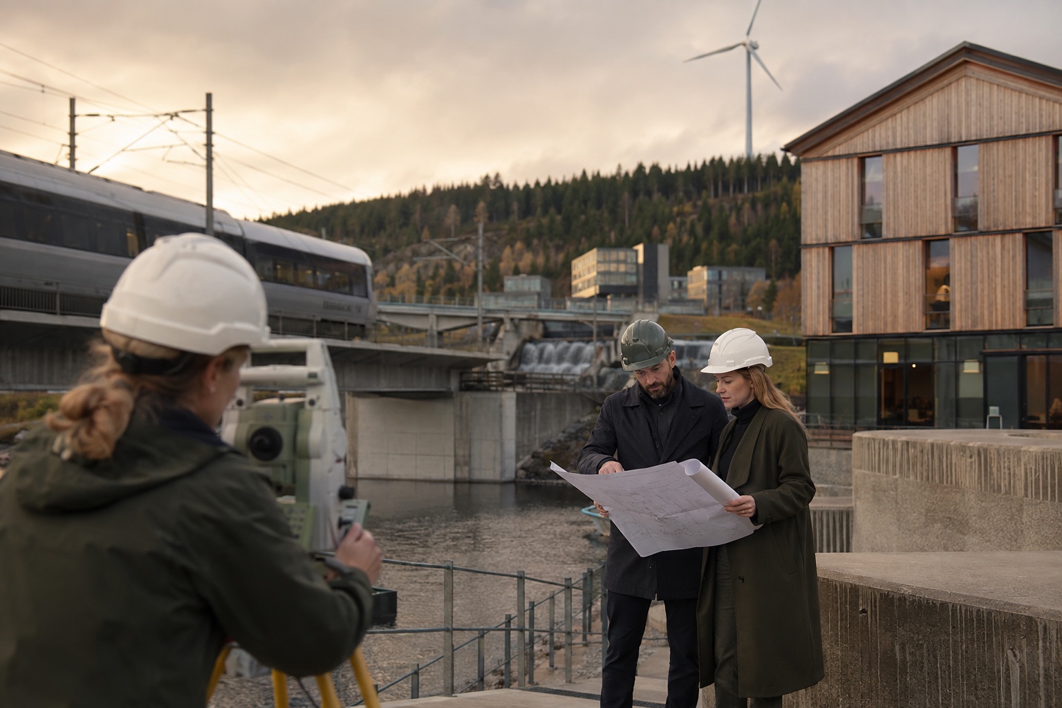 Teknikkonsulter granskar ritningar vid järnväg, vattenanläggning, vindkraft och modern träbyggnad.