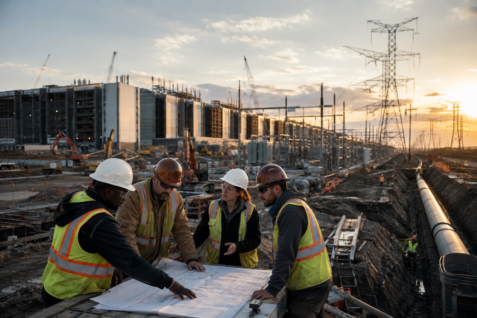 Byggnation av ett stort datacenter där kraftinfrastruktur, markarbete och tekniska installationer möts.