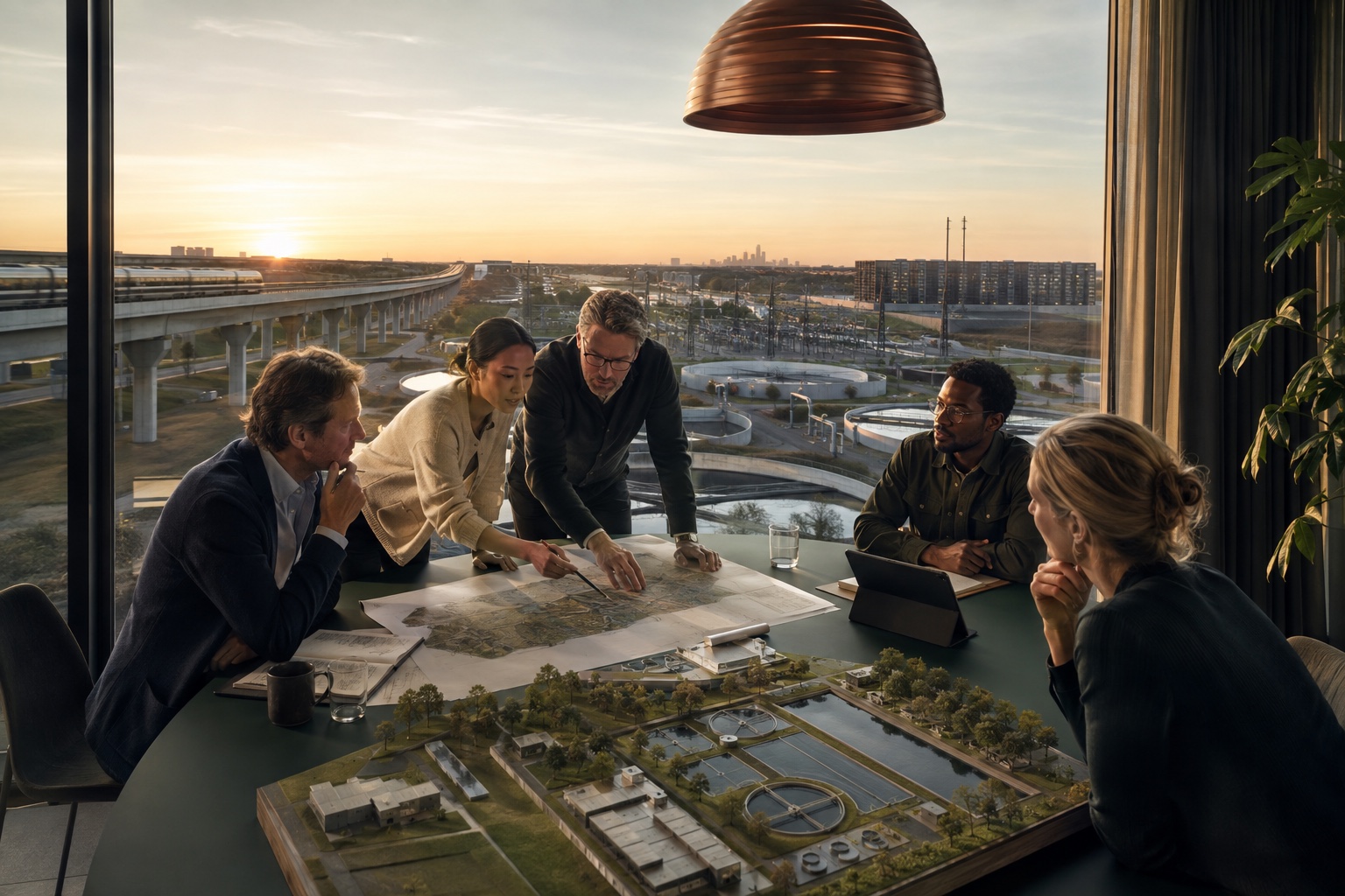 Amerikanskt projektteam granskar infrastrukturplaner med järnväg, vatten, kraft och stadsutveckling utanför fönstret.