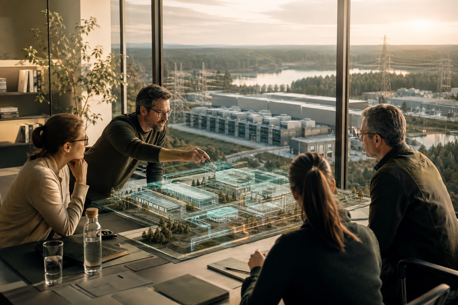Teknikkonsulter samordnar en digital modell av ett datacenter med elnät och kylsystem.