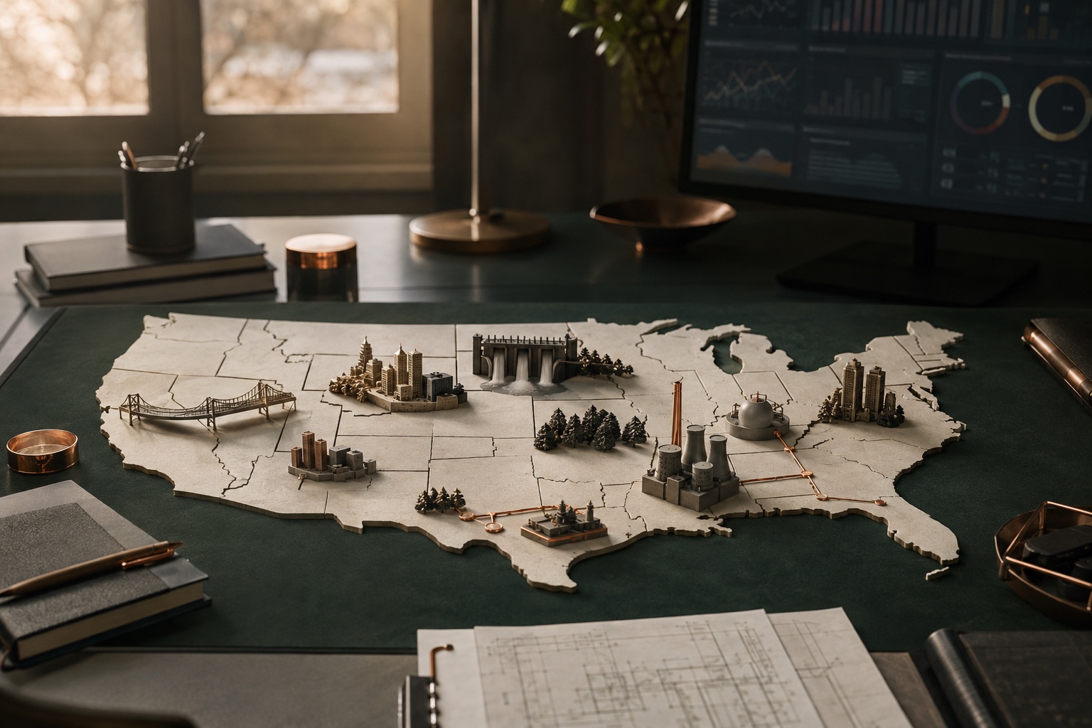 Fysisk marknadskarta över USA med modeller för transport, vatten, kraft och stadsutveckling.