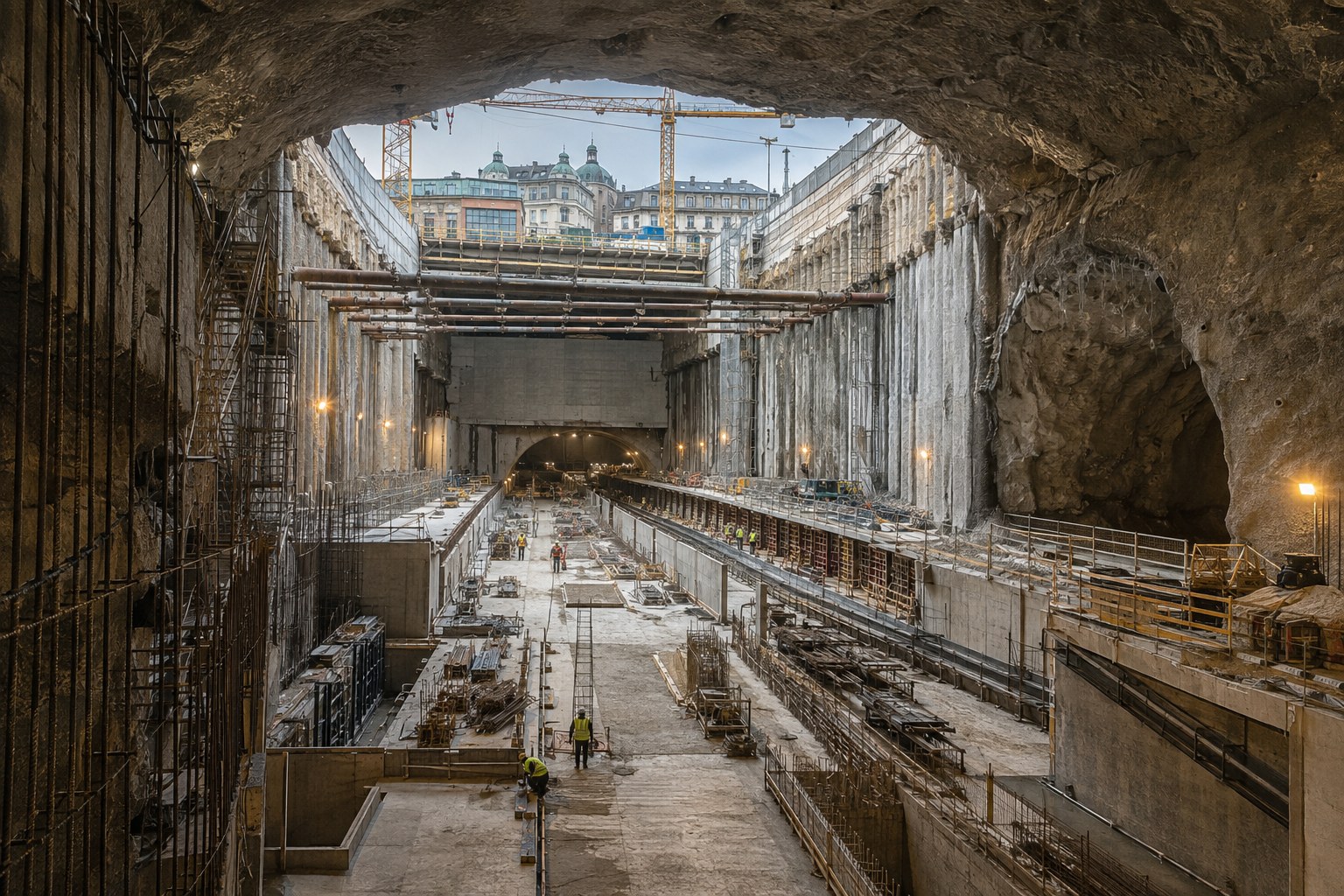 Omfattande underjordiskt stationsbygge i en tät nordisk stad med bergtunnel, stödkonstruktioner och betongarbeten.